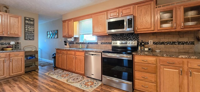 kitchen with decorative backsplash, stainless steel appliances, dark hardwood / wood-style floors, and sink