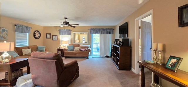 living room with carpet, ceiling fan, and a textured ceiling