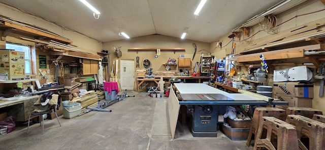 miscellaneous room with a workshop area, lofted ceiling, and concrete floors