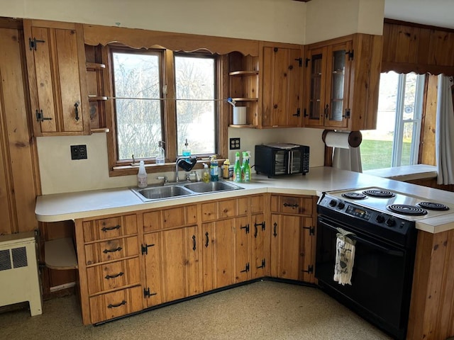 kitchen with radiator, black electric range oven, and sink