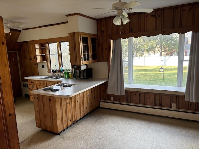 kitchen featuring a baseboard heating unit, radiator, kitchen peninsula, and wood walls