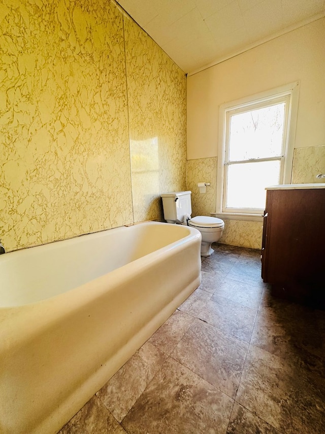 bathroom featuring vanity, a tub, and toilet