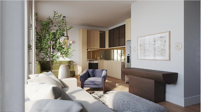 living room with light wood-type flooring and sink