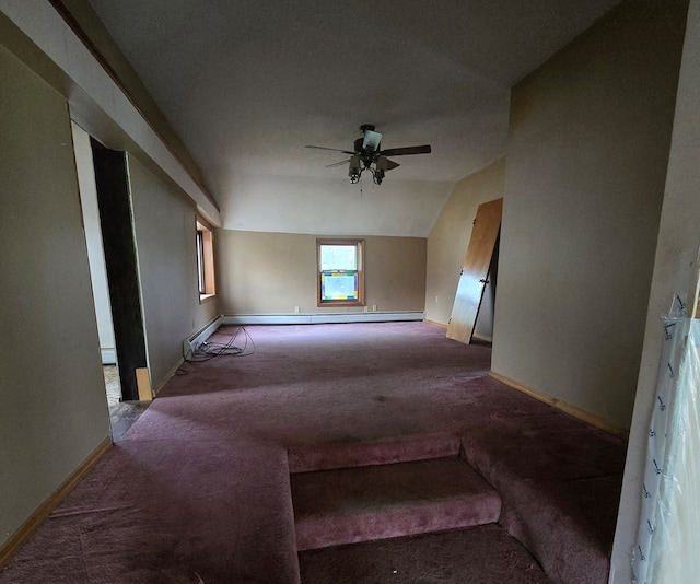 unfurnished room featuring carpet flooring, ceiling fan, a baseboard radiator, and lofted ceiling