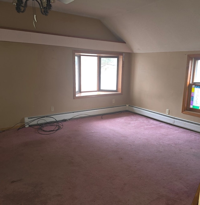 bonus room with carpet flooring, baseboard heating, and vaulted ceiling