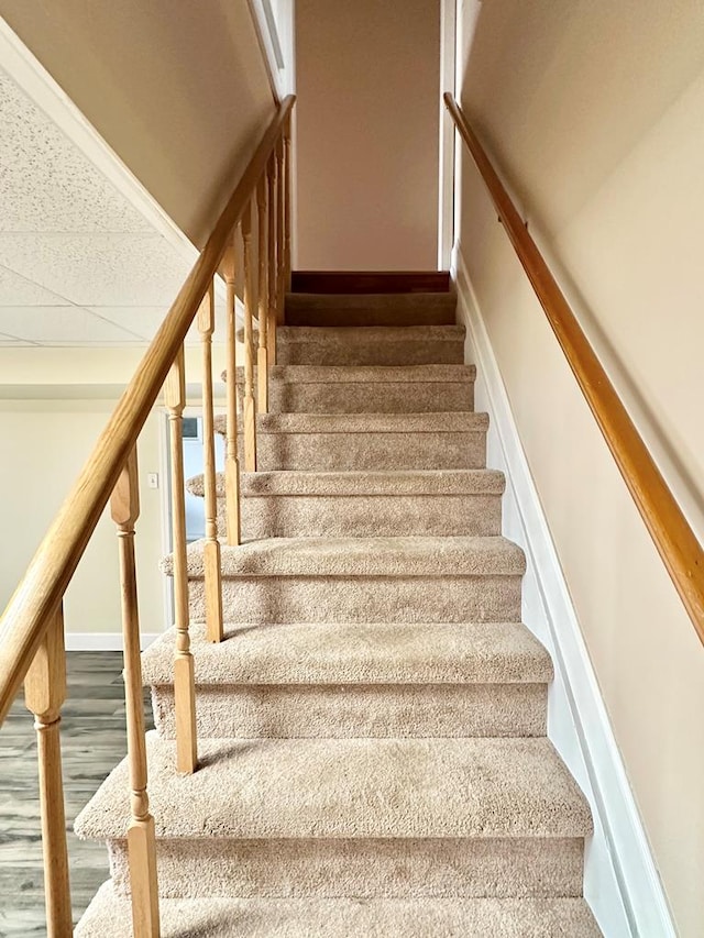 stairway with a paneled ceiling and wood-type flooring