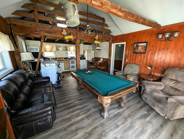 rec room with dark hardwood / wood-style flooring, vaulted ceiling with beams, billiards, and wood walls