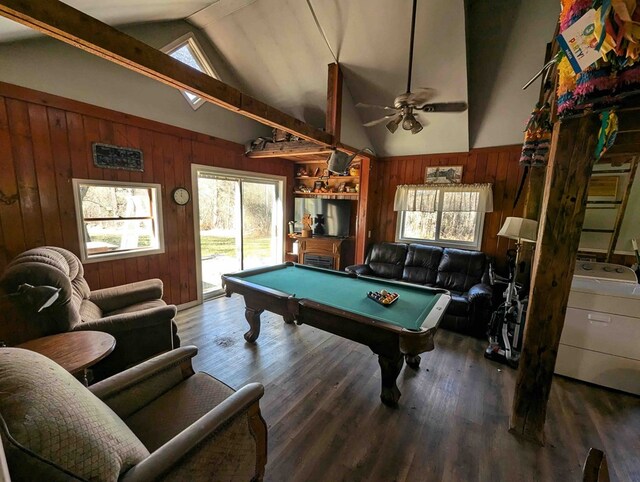 game room with pool table, wood-type flooring, ceiling fan, and wood walls