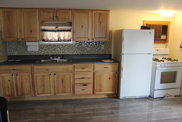 kitchen featuring dark stone countertops, sink, white appliances, and backsplash