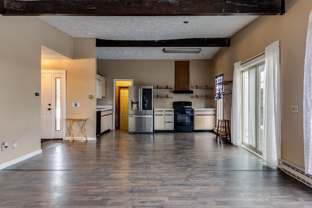 kitchen featuring beam ceiling, dark hardwood / wood-style flooring, black appliances, and a textured ceiling