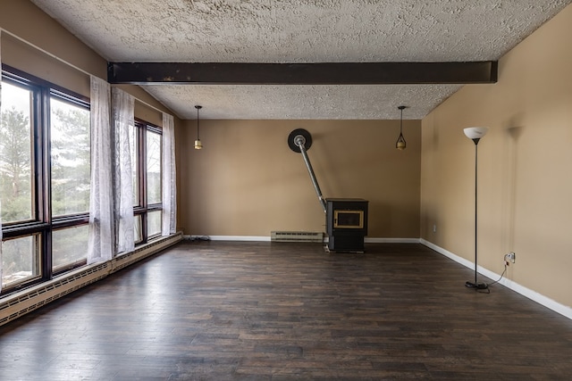 interior space featuring beamed ceiling, dark hardwood / wood-style floors, a wood stove, and baseboard heating