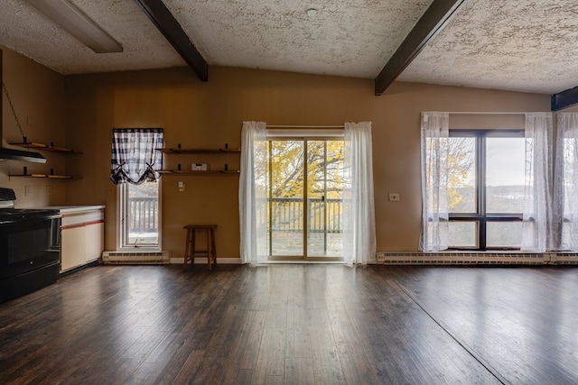 unfurnished living room featuring lofted ceiling with beams, dark hardwood / wood-style floors, a textured ceiling, and a baseboard radiator