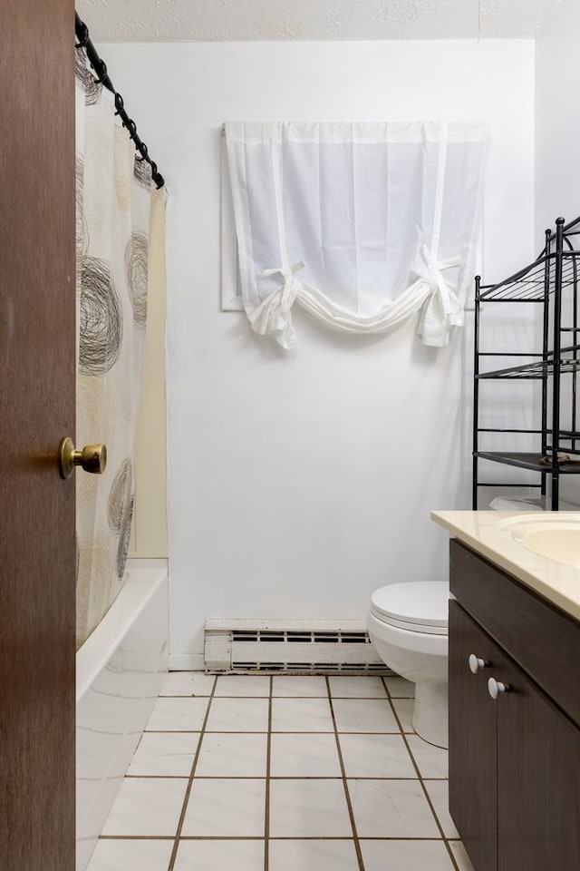 full bathroom featuring vanity, shower / bath combination with curtain, tile patterned flooring, toilet, and baseboard heating