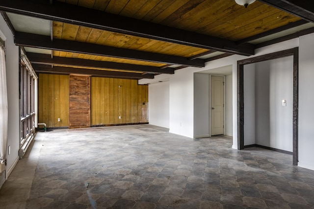 unfurnished room featuring baseboard heating, wooden walls, beamed ceiling, and wooden ceiling