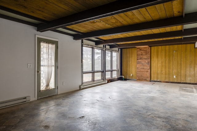 unfurnished room with a wealth of natural light, wooden walls, and beamed ceiling