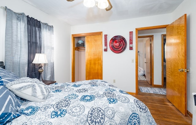 bedroom featuring a closet, dark hardwood / wood-style floors, and ceiling fan