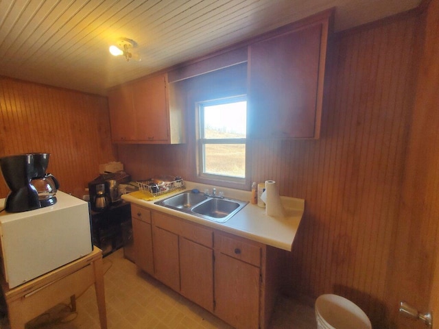 kitchen with wooden walls, sink, and wood ceiling