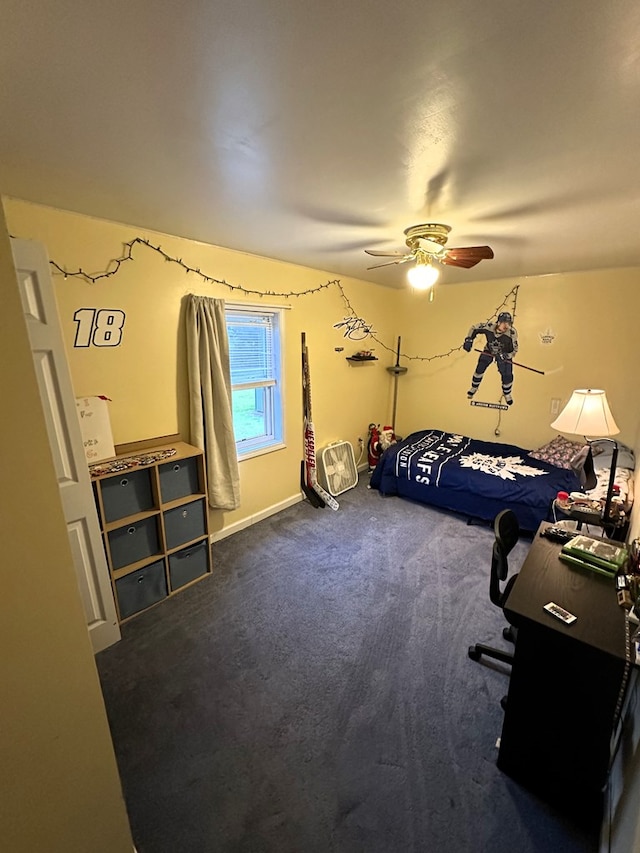 carpeted bedroom with ceiling fan