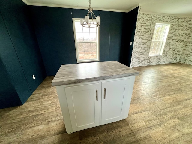 unfurnished dining area featuring crown molding, plenty of natural light, and light hardwood / wood-style floors