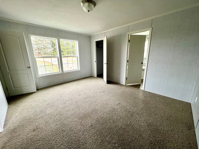 unfurnished bedroom featuring light colored carpet and ornamental molding