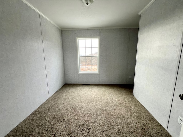 carpeted spare room featuring crown molding