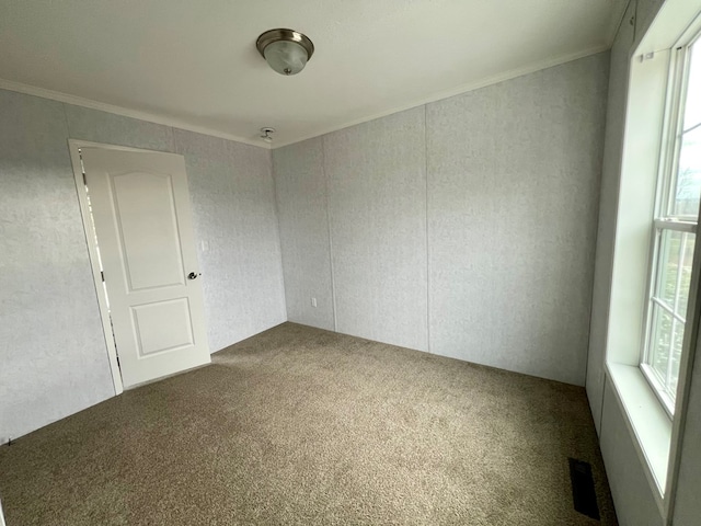 carpeted spare room with ornamental molding