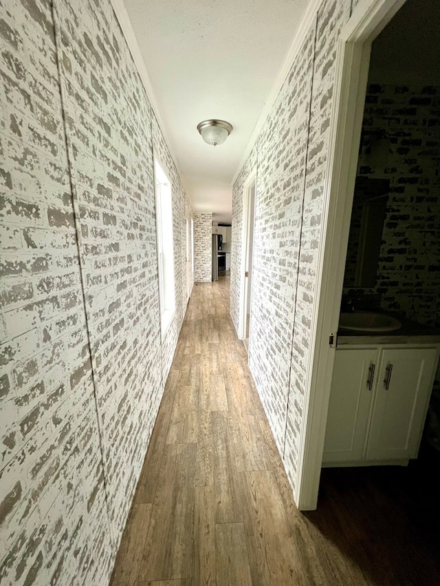 corridor featuring sink, hardwood / wood-style floors, and ornamental molding