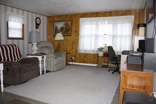 carpeted home office featuring wooden walls