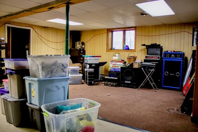 basement featuring carpet flooring and wood walls