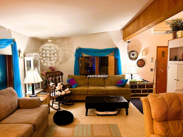 living room featuring carpet flooring and a notable chandelier