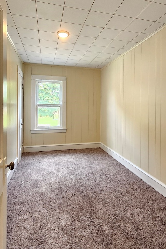 spare room with carpet floors and wooden walls