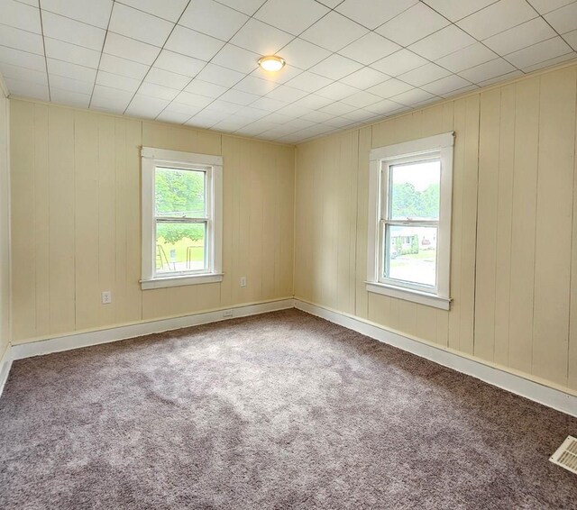 carpeted spare room with wooden walls