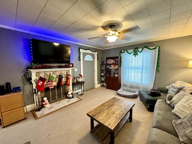 carpeted living room with ceiling fan and ornamental molding