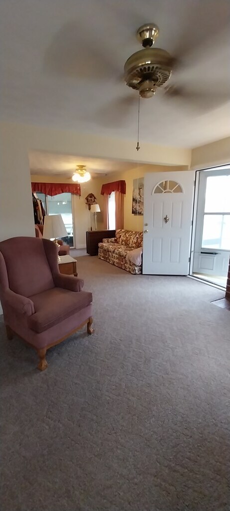 carpeted living room featuring ceiling fan and a healthy amount of sunlight