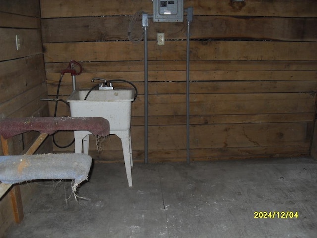 basement featuring wood walls