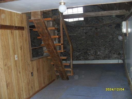 basement featuring wood walls