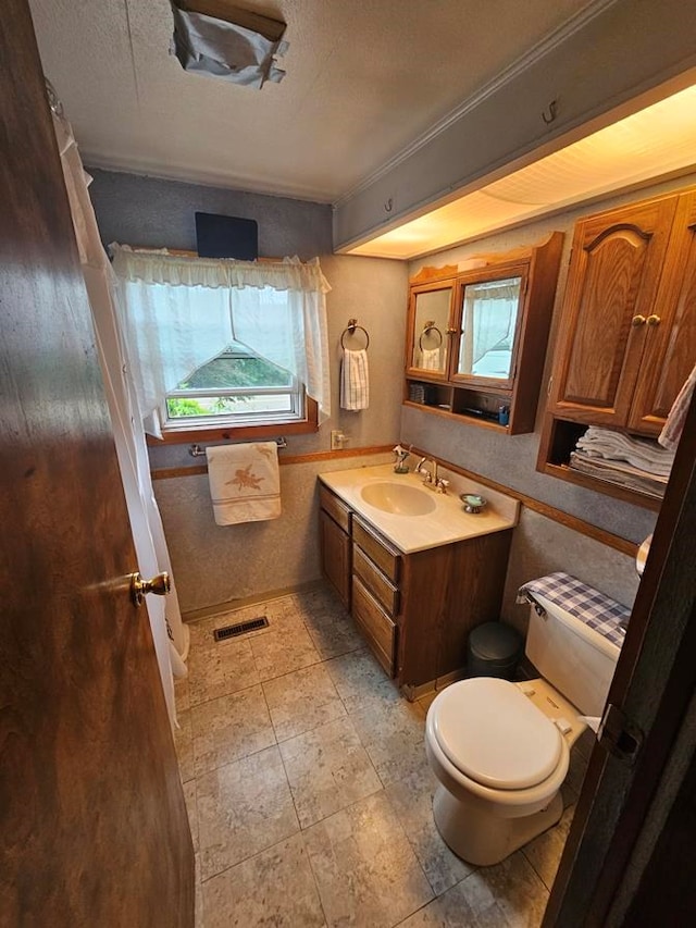 bathroom featuring vanity, toilet, and a textured ceiling