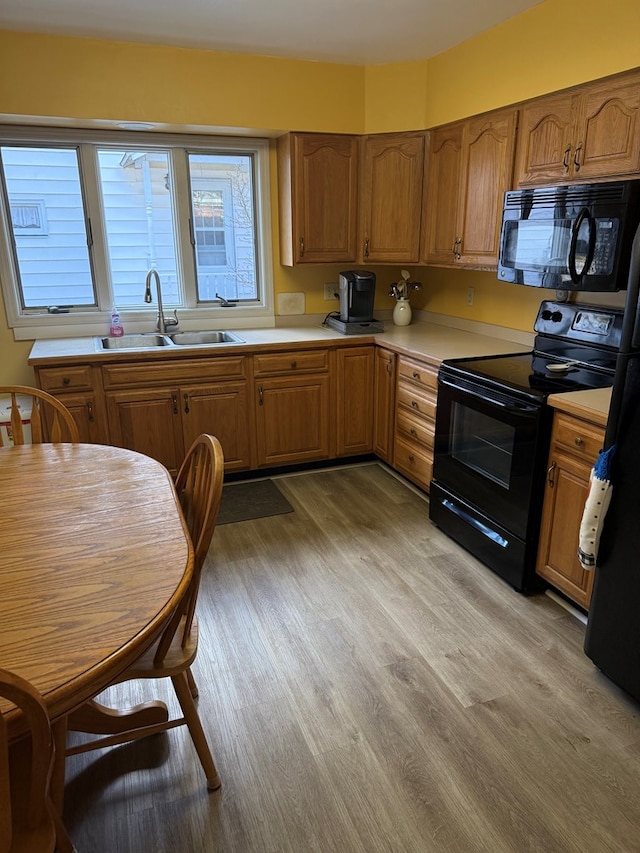 kitchen featuring light hardwood / wood-style flooring, black appliances, and sink