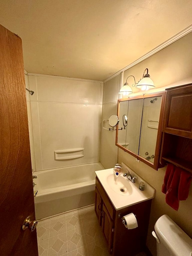 full bathroom featuring shower / tub combination, vanity, toilet, and tile patterned floors