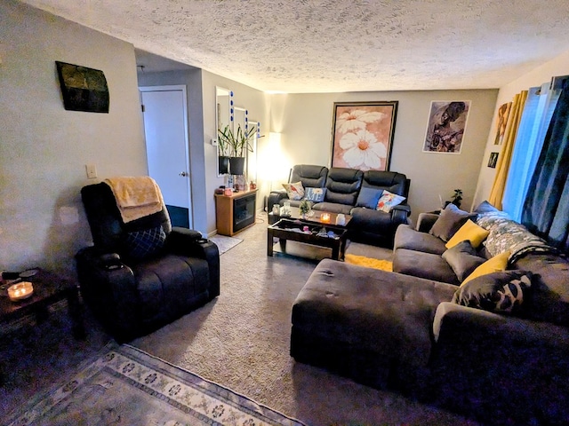 living room with a textured ceiling and carpet flooring