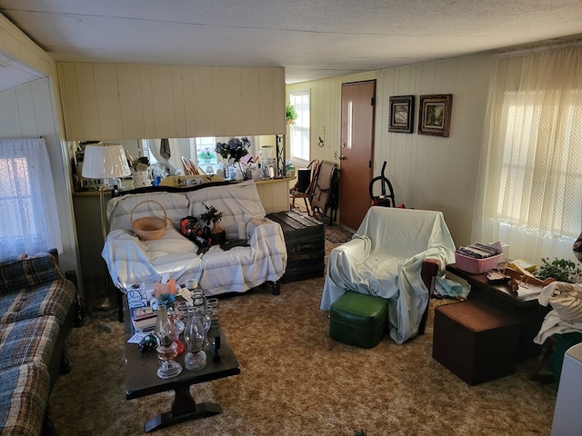 carpeted bedroom with a textured ceiling