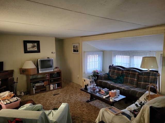 living room with carpet, wood walls, and a textured ceiling