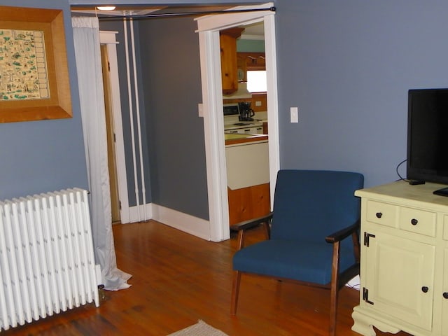 sitting room with radiator and dark wood-type flooring