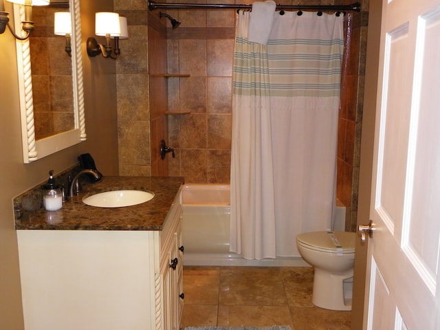 full bathroom featuring shower / bath combination with curtain, vanity, toilet, and tile patterned floors