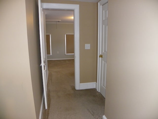 hallway with light colored carpet