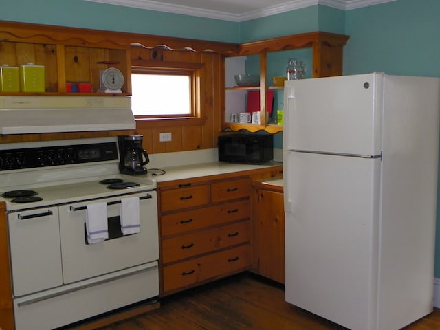 kitchen featuring white appliances, ornamental molding, extractor fan, and dark wood-type flooring