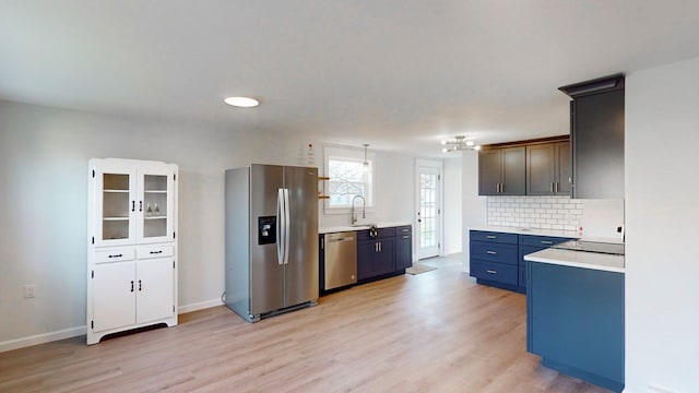 kitchen featuring tasteful backsplash, sink, light wood-type flooring, and appliances with stainless steel finishes