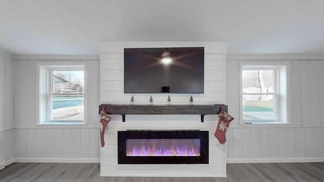 interior details with wood-type flooring, a baseboard radiator, and wood walls