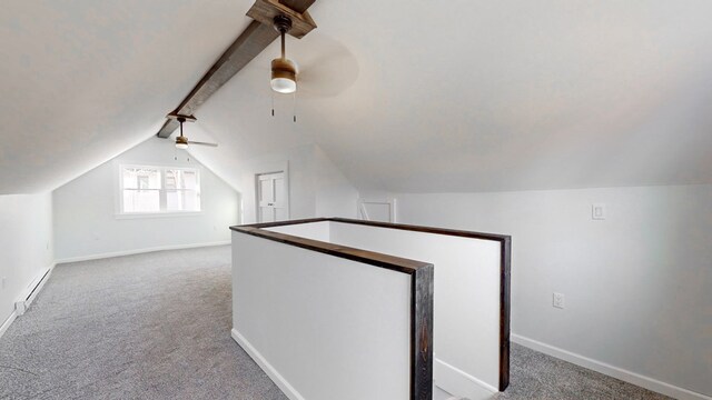 bonus room with ceiling fan, carpet floors, lofted ceiling with beams, and a baseboard radiator