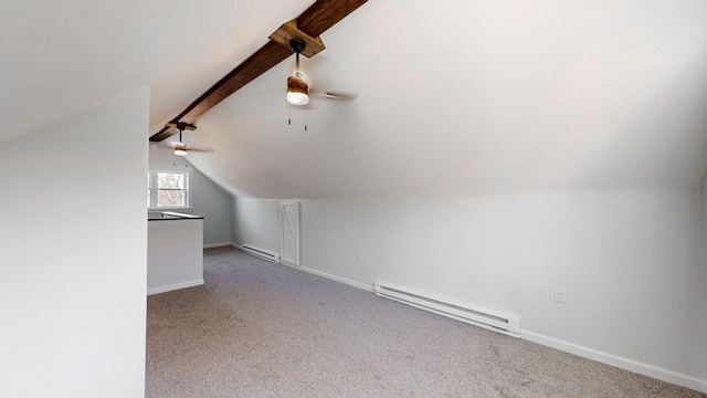 bonus room featuring vaulted ceiling with beams, ceiling fan, carpet, and a baseboard radiator